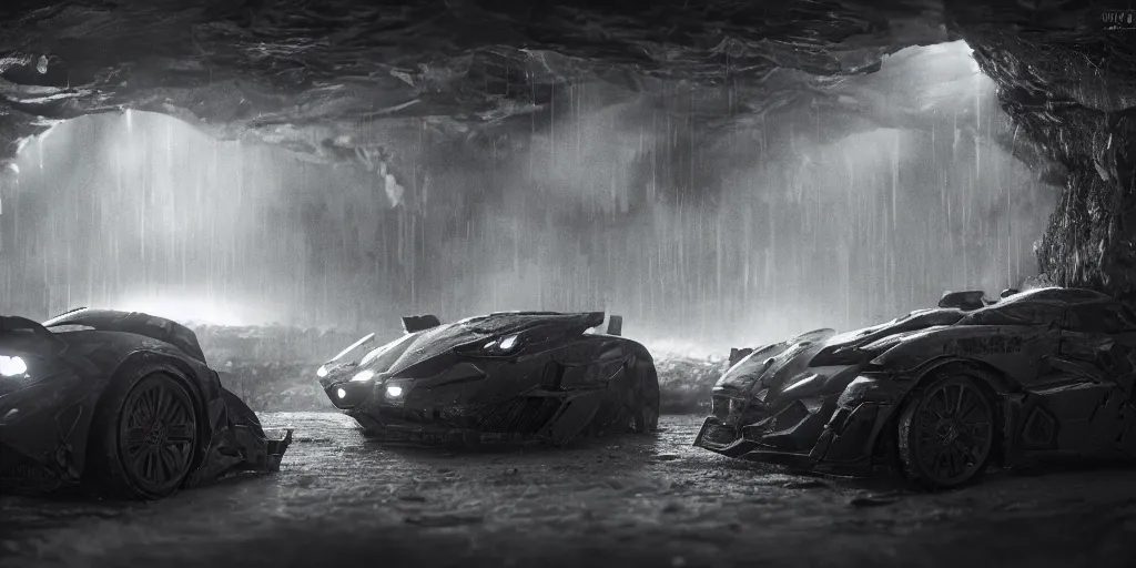 Image similar to the batmobile standing in a very dark and wet cave. highly detailed. intricate. mist. atmospheric. unreal engine render. rim light. photorealistic. 8 k. monochrome. cinematic. matte painting in the style of sparth and ash thorp. trending on artstation.