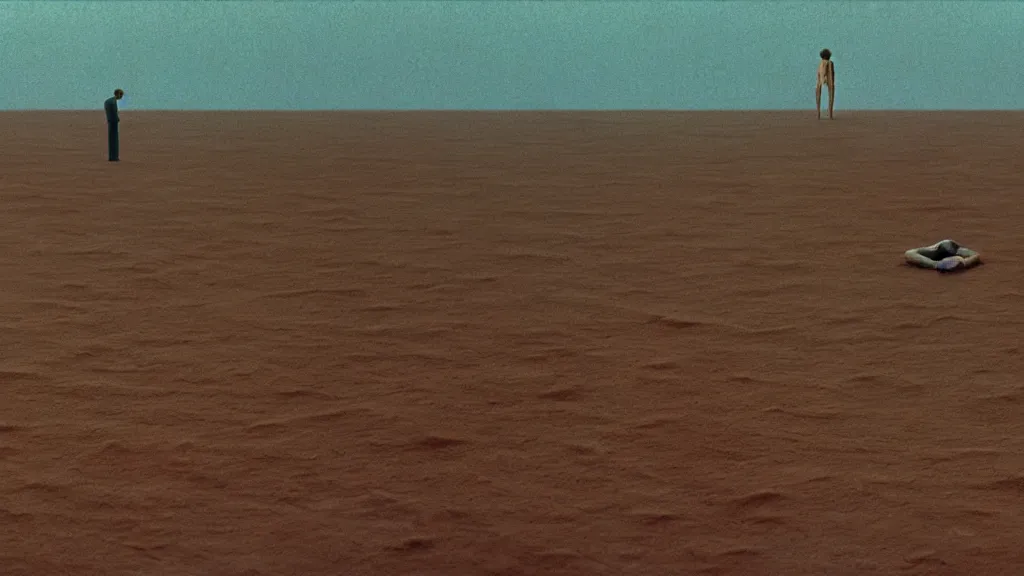 Image similar to human body bent around, film still from the movie directed by Wes Anderson with art direction by Zdzisław Beksiński, wide lens