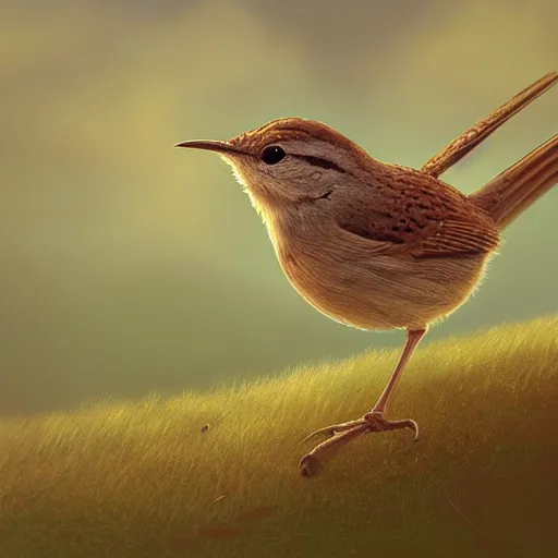 Prompt: closeup of a wren bird in avila, river edge, green fields, summer season, 4 k, midday light, concept art, by wlop, ilya kuvshinov, artgerm, krenz cushart, greg rutkowski, pixiv. cinematic dramatic atmosphere, sharp focus, volumetric lighting, cinematic lighting, studio quality