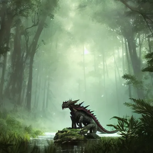 Prompt: a gargantuan dragon idly standing in a forest, peacefully drinking river water, illustrated by max hay and greg rutkowski, trending on artstation, digital art, 4 k quality