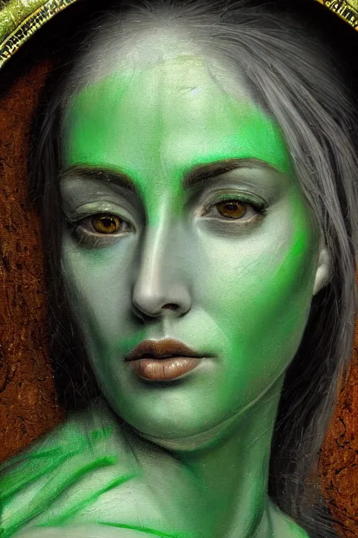 Prompt: hyperrealism close - up mythological portrait of a medieval woman's face merged with green paint in style of classicism, wearing silver silk robe, green palette