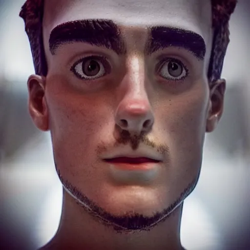 Image similar to “ a realistic detailed photo of a guy who is an attractive humanoid who is half robot and half humanoid, who is a male android, soccer player antoine griezmann, shiny skin, posing like a statue, blank stare, at the museum, on display ”