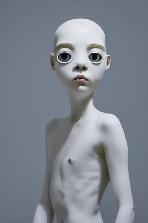 Image similar to full head and shoulders, beautiful porcelain female person, mixed with three giant frog spawn eyes, smooth, delicate facial features, white detailed eyes, white lashes, 3 d white shiny thick, wearing colourful streetwear, background is an empty art gallery, by daniel arsham and james jean, featured in pictoplasma