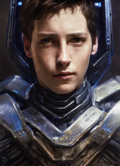 Prompt: portrait of Paul atreides in a cyberpunk armor in a war. by Daniel F. Gerhartz, hyperrealistic oil painting, 4k, studio lightning, very detailed face