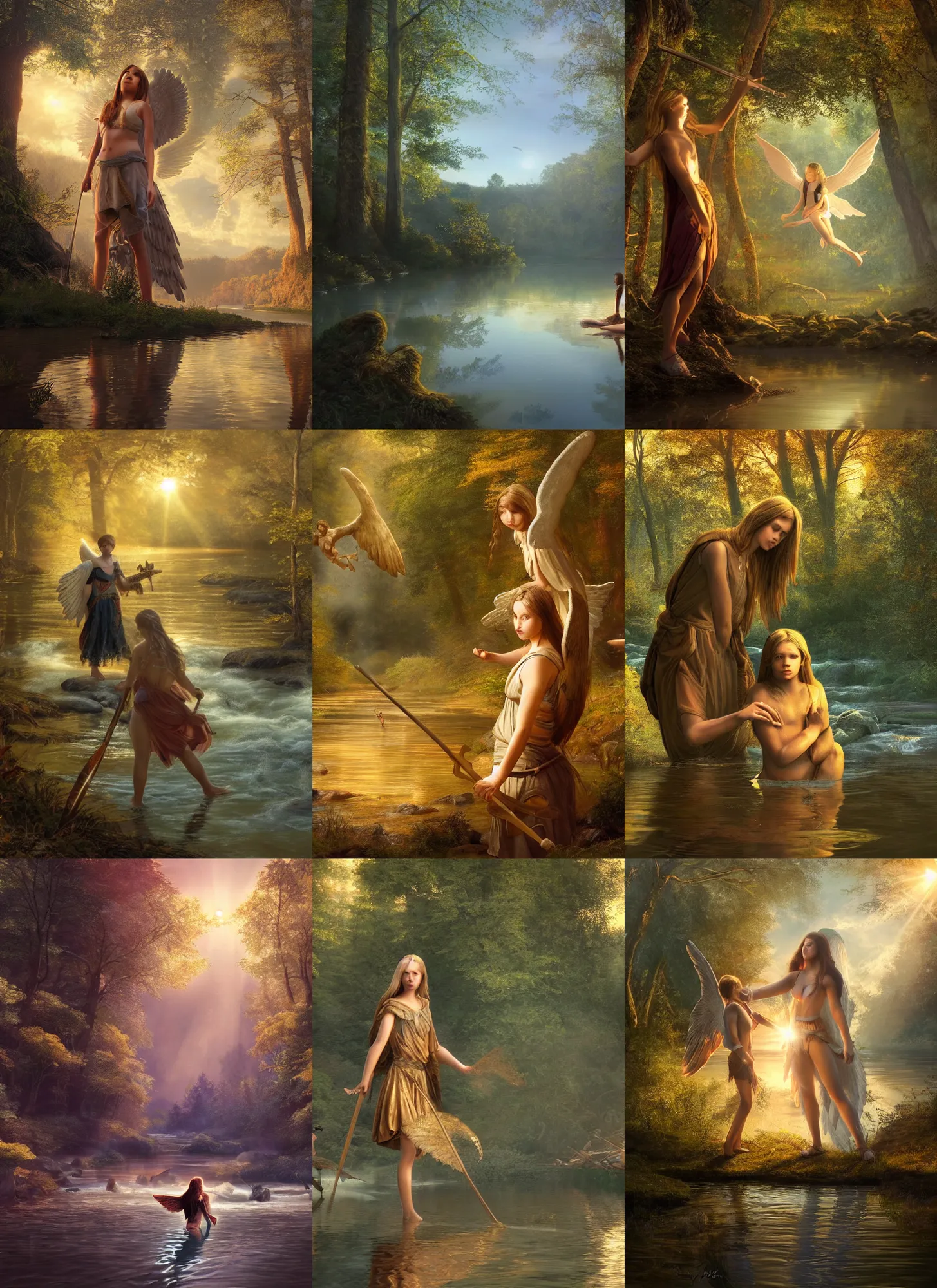 Prompt: Beautiful teenage angel protecting a warrior standing in a river in a forest, golden hour, ray tracing reflection, 8k, hyper realistic, insainly detailed, hdr, octan render, in the style of the Old Masters