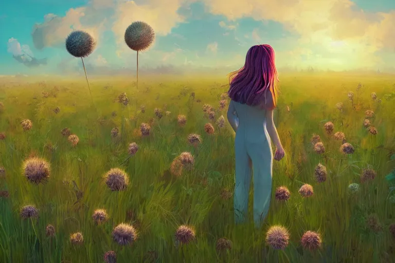 Image similar to giant thistle head, girl in suit in field of flowers, surreal photography, sunrise, blue sky, dramatic light, impressionist painting, digital painting, artstation, simon stalenhag