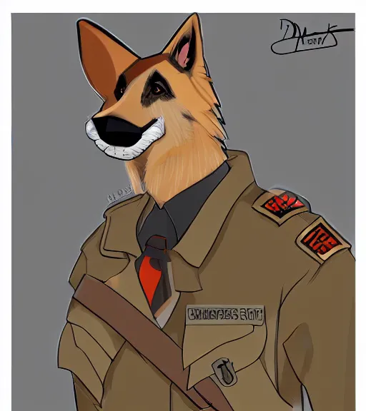 Image similar to furaffinity expressive stylized master furry artist digital line art painting portrait character study of the anthro male anthropomorphic german shepard fursona animal person officer wearing clothes military general uniform