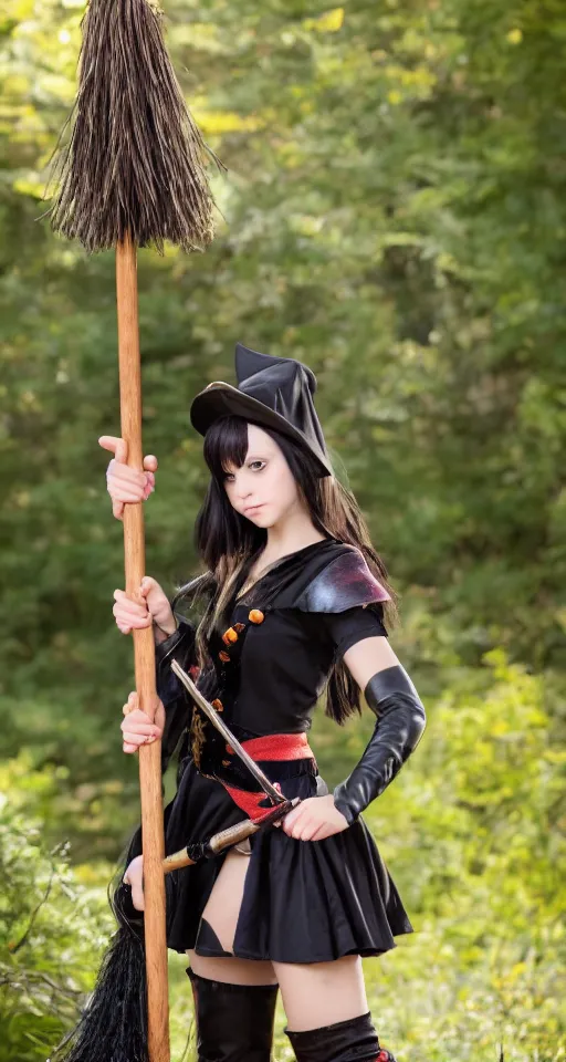 Image similar to young witch with magic wand and broom cosplay, she wears boots, full body shot, detailed face, photo taken by nikon, 4k, high quality, very detailed, intricant