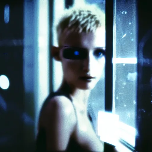 Image similar to worried, runaway beautiful replicant looking through the window in a dirty abandoned factory, short spiky blonde hair, cyberpunk outfit, still from closed circuit tv footage, high angle