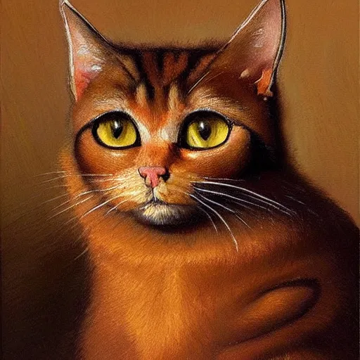 Prompt: a vibrant oil painting of a completely brown brown brown brown cat by Rembrandt, detailed, realistic, cute