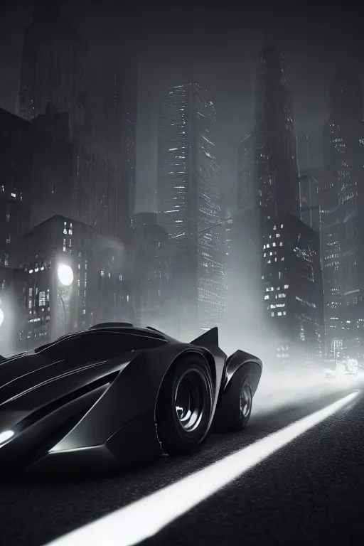 Image similar to the batmobile driving through gotham city at night. fluorescent light. pov from behind the wheel. octane render. 8 k. monochrome. black and white. mist. atmospheric. cinematic. hdr, raytracing, global illumination. a matte painting by ash thorp.