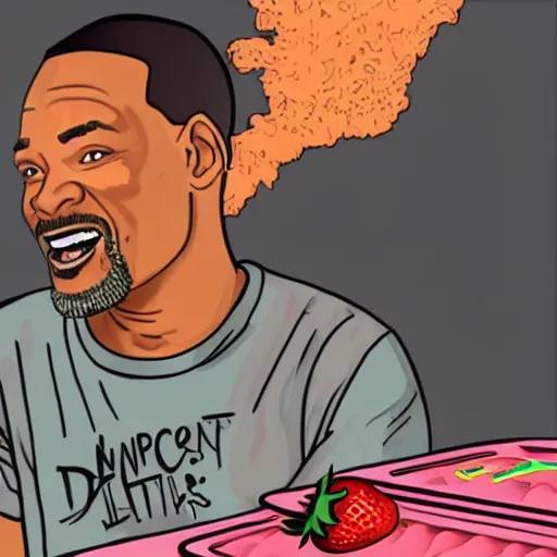 Prompt: digital art, an apocalyptic world where will smith is sitting watching the disaster while eating a strawberry ice cream