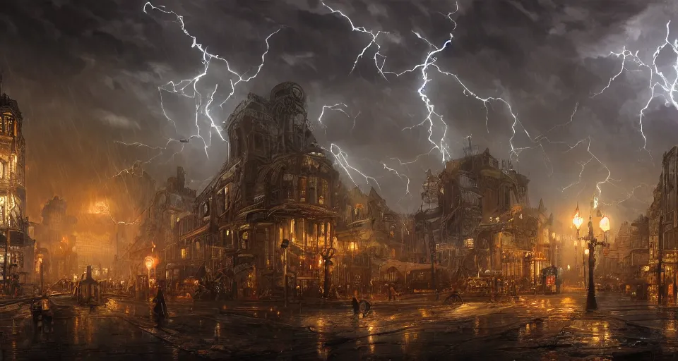 Image similar to eldritch, steampunk city, windy, by eugene von guerard, ivan shishkin, night, lightning!!, storm!, dramatic lighting, concept art, trending on artstation, 8 k