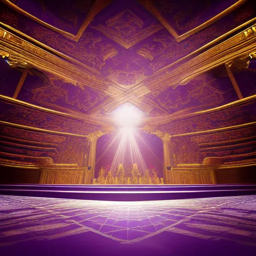 Image similar to Digital art of the golden throne room Imperial matte finish, ominous dramatic wide angle, god rays purple banners