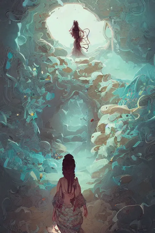 Image similar to a girl walking to a giant wooden door with archaic symbols embedded onto, digital art, very graphic illustration by peter mohrbacher and victo ngai, colorful comics style