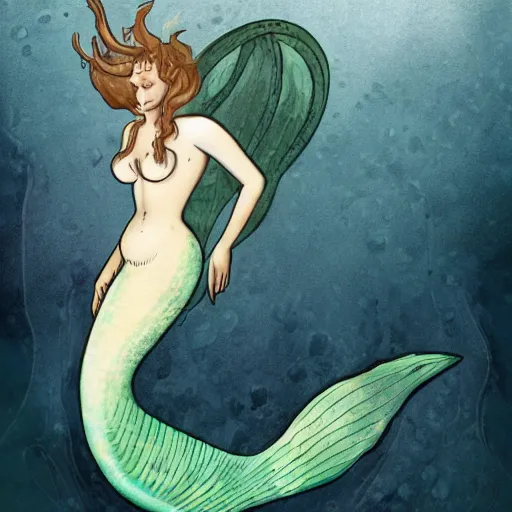 Image similar to male merlock holmes mermaid with a big mermaid tail sitting at the bottom of the sea under water in the style of romanticism