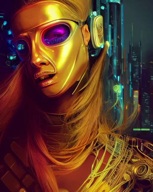 Prompt: portrait of a beautiful cyberpunk cyborg female wearing a ballistic face mask with brilliant gold flowing hair and bright red eyes, intricate abstract. intricate artwork. by Tooth Wu, wlop, beeple, dan mumford. octane render, trending on artstation, greg rutkowski very coherent symmetrical artwork. cinematic, hyper realism, high detail, octane render, 8k, iridescent accents