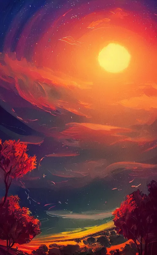 Image similar to a beautiful illustration of the shire at sunset, art of alena aenami, featured on artstation, vertical orientation, paint brush strokes, expressionism, brushstroke - laden, breathtaking clouds, birds, ocean, beautiful stars, long exposure, big sun radius, airy theme, red purple gradient, lens flare