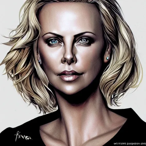 Image similar to charlize theron, highly detailed, portait, character art by fiona staples.