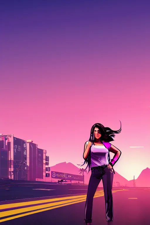 Image similar to a stunning GTA V loading screen with a beautiful woman with ombre purple pink hairstyle, hair blowing in the wind, sunset mood, outrun, vaporware, retro, digital art, trending on artstation