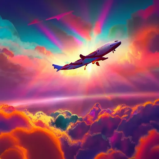 Prompt: psychedelic paisley patterns in the sky, airplane flying over a fantasy ocean 🌊, fantasy landscape, radiant light rays, backlit, symmetrical details, sharp focus, photorealistic painting, award winning painting, volumetric lighting, artstation, octane render, unreal engine, studio ghibli