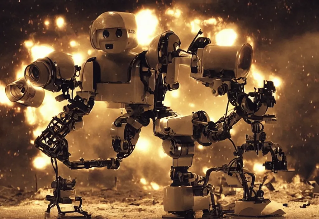 Image similar to a screenshot of a movie depicting a female robot carrying a movie camera with a huge explosion behind her