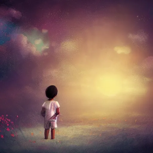 Prompt: a tiny child lost in an ai's enormous dream, digital art