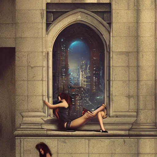 Image similar to window, eye, women, buildings, surprise, wlop, artgerm, greg rutkowski,