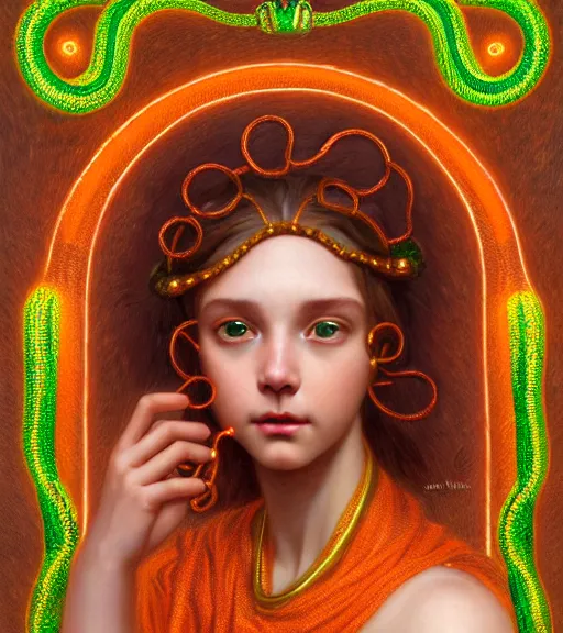 Prompt: portrait of teenage medusa, snake hair, naughty smile, wearing an embroidered orange tunic, intricate, elegant, copper and emerald jewelry, glowing lights, highly detailed, digital painting, artstation, concept art, smooth, sharp focus, illustration, art by wlop, mucha, artgerm, and greg rutkowski