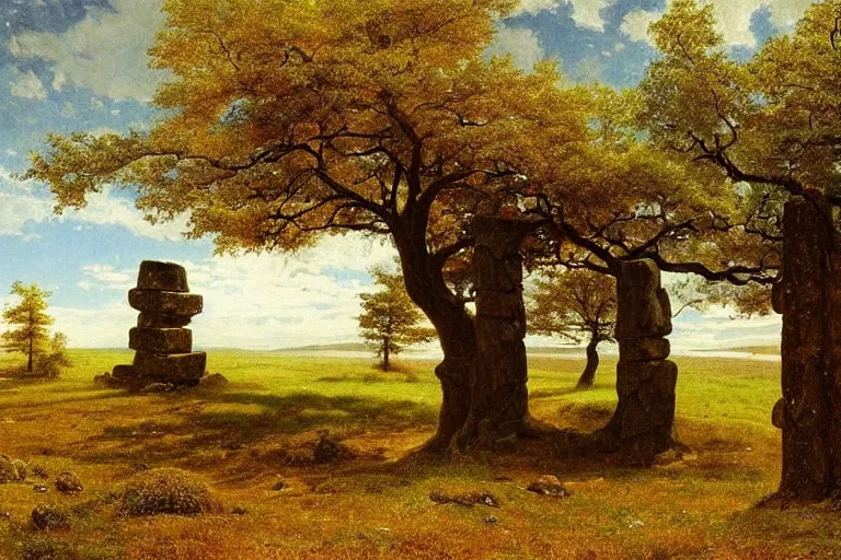 Prompt: runestone, runic inscription, megalithic, monument, nature, trees, focused, centered, very detailed, norse, histor, oil painting, Albert Bierstadt