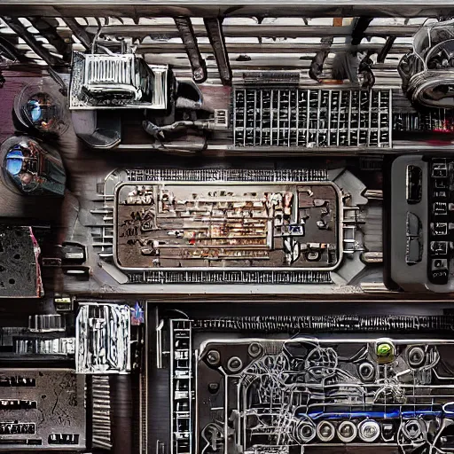 Image similar to cyberpunk room top view with table of dissection laboratorie experiment lote of chain, liquide in tube, technologique , technomancer , alien experimente the futur dark by Greg Rutkowski, Sung Choi, Mitchell Mohrhauser, Maciej Kuciara, Johnson Ting, Maxim Verehin, Peter Konig, Bloodborne , 8k photorealistic, cinematic lighting, HD, high details, atmospheric , trending on artstation