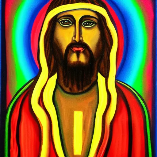 Prompt: a painting of neon jesus they prayed in the dark city, cyber