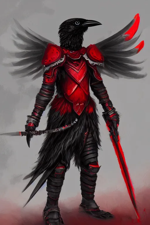 Prompt: crow warrior in heavy armor. black wings. red clothes. bloom, lighting, glow. digital painting, hd, highly detailed.