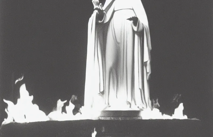 Prompt: statue of mother mary on fire, grainy vintage photograph