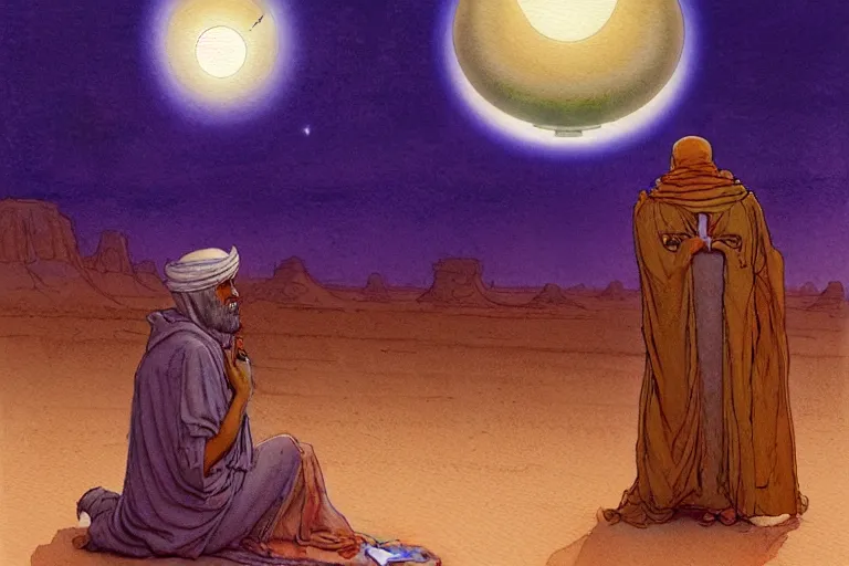 Image similar to a hyperrealist watercolour character concept art portrait of a middle eastern merchant keeling down in prayer in front of an elegant alien with 1 2 eyes on a misty night in the desert. a ufo is in the background. by rebecca guay, michael kaluta, charles vess and jean moebius giraud