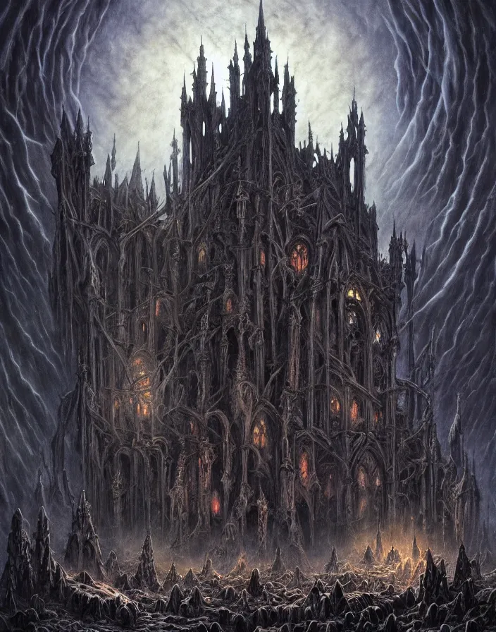 Image similar to a dark gothic castle made of skulls and bones and skeletons, tall spires, epic nebula, Dan Seagrave art