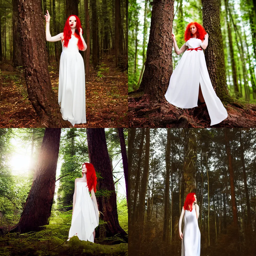 Prompt: a beautiful model with red hair and wearing a white evening dress, stands in a bright forest leaning against a tree, professional photographic lighting