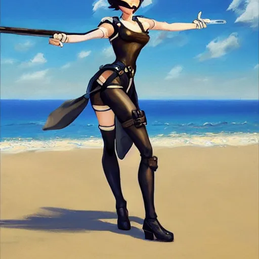 Image similar to greg manchess painting of tracer from overwatch as 2 b nier automata on the beach holding a sword, organic painting, sunny day, matte painting, bold shapes, hard edges, street art, trending on artstation, by huang guangjian and gil elvgren and sachin teng