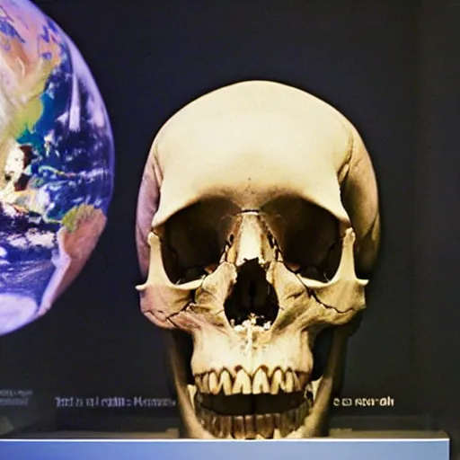 Prompt: A human skull in a museum exhibit with a picture of planet Earth next to it, alien language, science fiction