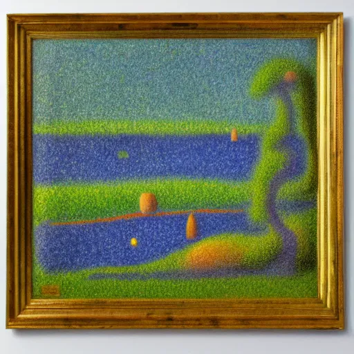 Image similar to painting of a lush natural scene on an alien planet by georges seurat. beautiful landscape. weird vegetation. cliffs and water.