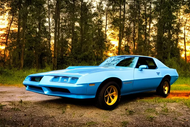 Image similar to pontiac firebird with glowing paint, sunrise, eerie light, fireflies, dog watching the car, dramatic, cinematic, forest, sunbeams, volumetric lighting, wide shot, low angle, lightning storm hitting the car