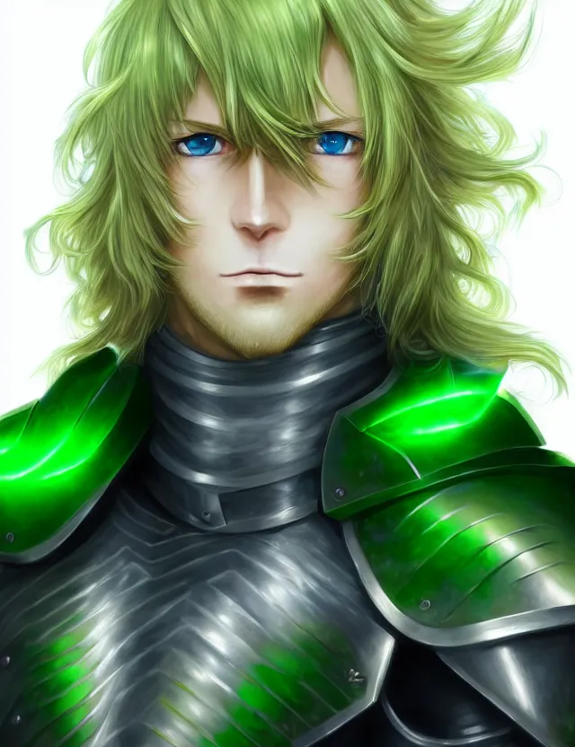 Image similar to an excellent anime portrait of a long haired blonde man with blue eyes in green armour glowing with green energy, trending on artstation, digital art, 4 k resolution, detailed, high quality, sharp focus, hq artwork, coherent, insane detail, character portrait, body portrait