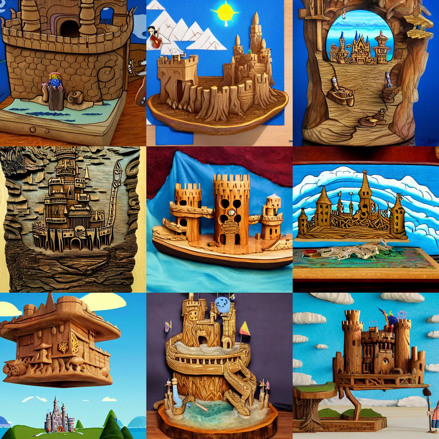 Prompt: a photorealistic fantasy wood carving of a floating castle with tapestries of adalasion monotronics, in the world of adventure time, man playing guitar.