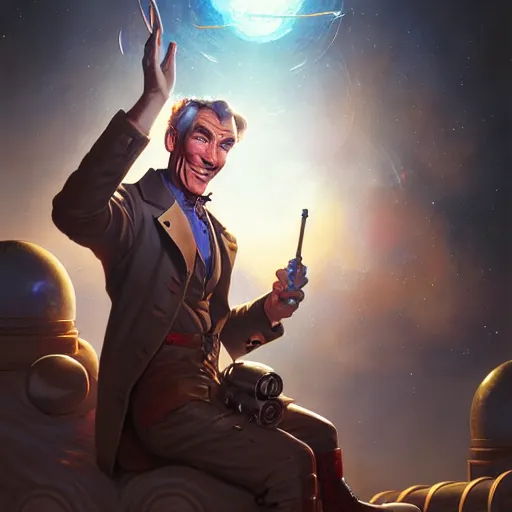 Image similar to an antique lithograph of space pirate bill nye, by stanley artgerm lau, wlop, rossdraws, james jean, andrei riabovitchev, marc simonetti, and sakimichan, tranding on artstation