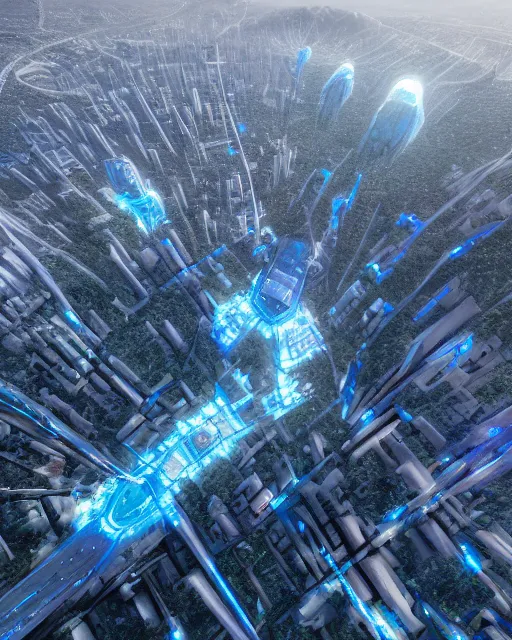 Image similar to gondor, aerial view by Leon Tukker, Makoto Kobayashi, synthetic light, blue trees, people on the streets, utopia, perfect, futuristic, 8k high detail, masterpiece, trending on ArtStation