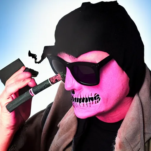 Prompt: photograph of the Grimm Reaper smoking a joint wearing pink sunglasses