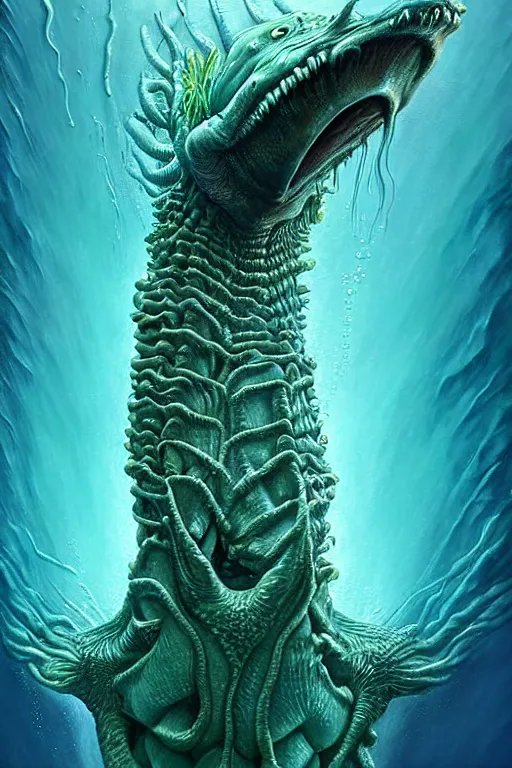 Image similar to hyperrealistic close-up surrealism underwater creature monster!! highly detailed concept art eric zener elson peter cinematic hard green lighting high angle hd 8k sharp shallow depth of field, inspired by David Paul Cronenberg and Zdzisław Beksiński