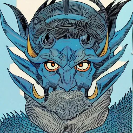 Prompt: head and shoulders portrait of a medieval d & d fantasy anthropomorphic blue dragon - headed sorcerer, comic book cover art by phil noto and frank miller