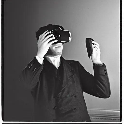 Image similar to vintage photo of a man from the 1800s using a vr headset, 35mm film