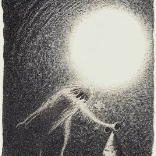 Image similar to dawn of creation; first atom; beings of light and darkness; ethereal plane. illustrated by maurice sendak and Stephen Gammell